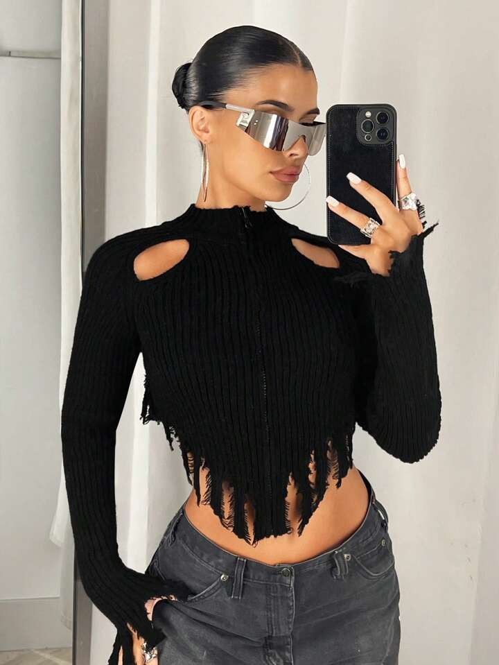 SHEIN ICON Cut Out Fringe Trim Asymmetrical Hem Crop Cardigan | SHEIN