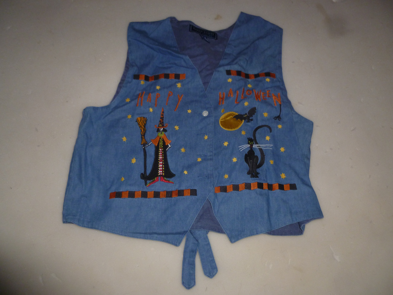 KAREN SCOTT HAPPY HALLOWEEN JEAN DENIM BUTTON UP VEST SIZE L WITCH BAT BLACK CAT | eBay US