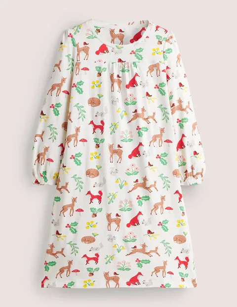 Printed Long-sleeved Nightie - Ivory Woodland Christmas | Boden (US)