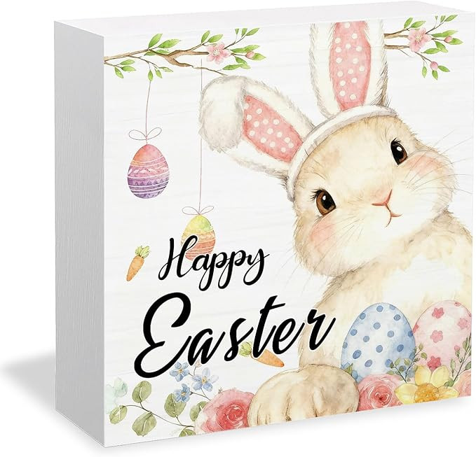 Happy Easter Bunny Wooden Box Sign Desk Decor, Easter Rabbit Decor, Spring Floral Egg Bunny Wood ... | Amazon (US)