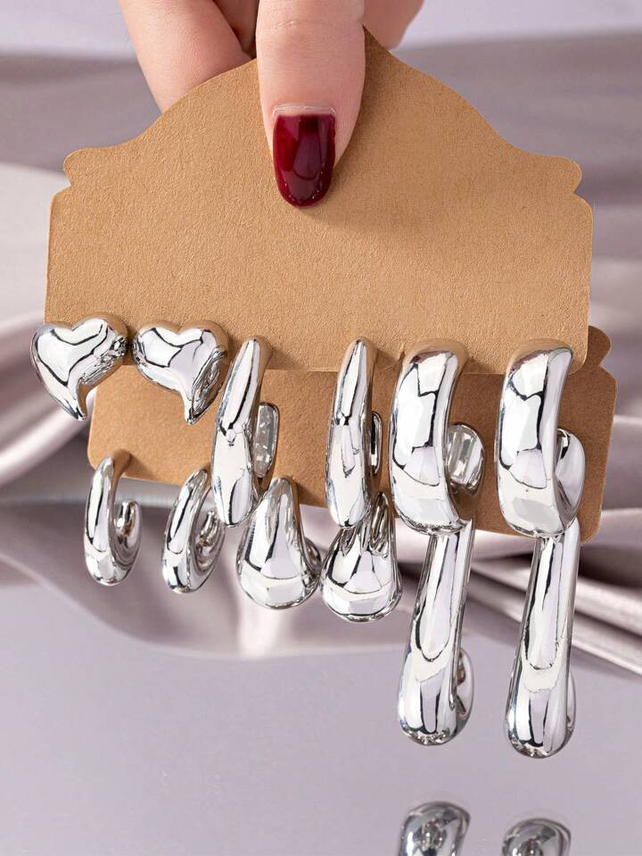 12 Pcs Silver Color Heart Stud Earring Chunky Metal Hoop Earrings Set for Women | SHEIN USA | SHEIN