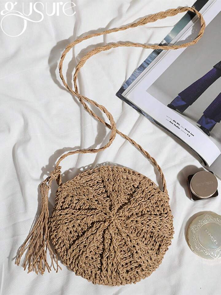 Gusure Bag Round Straw Bag Women Woven Beach Crossbody Bag For Ladies Children Cute Shoulder Ratt... | SHEIN