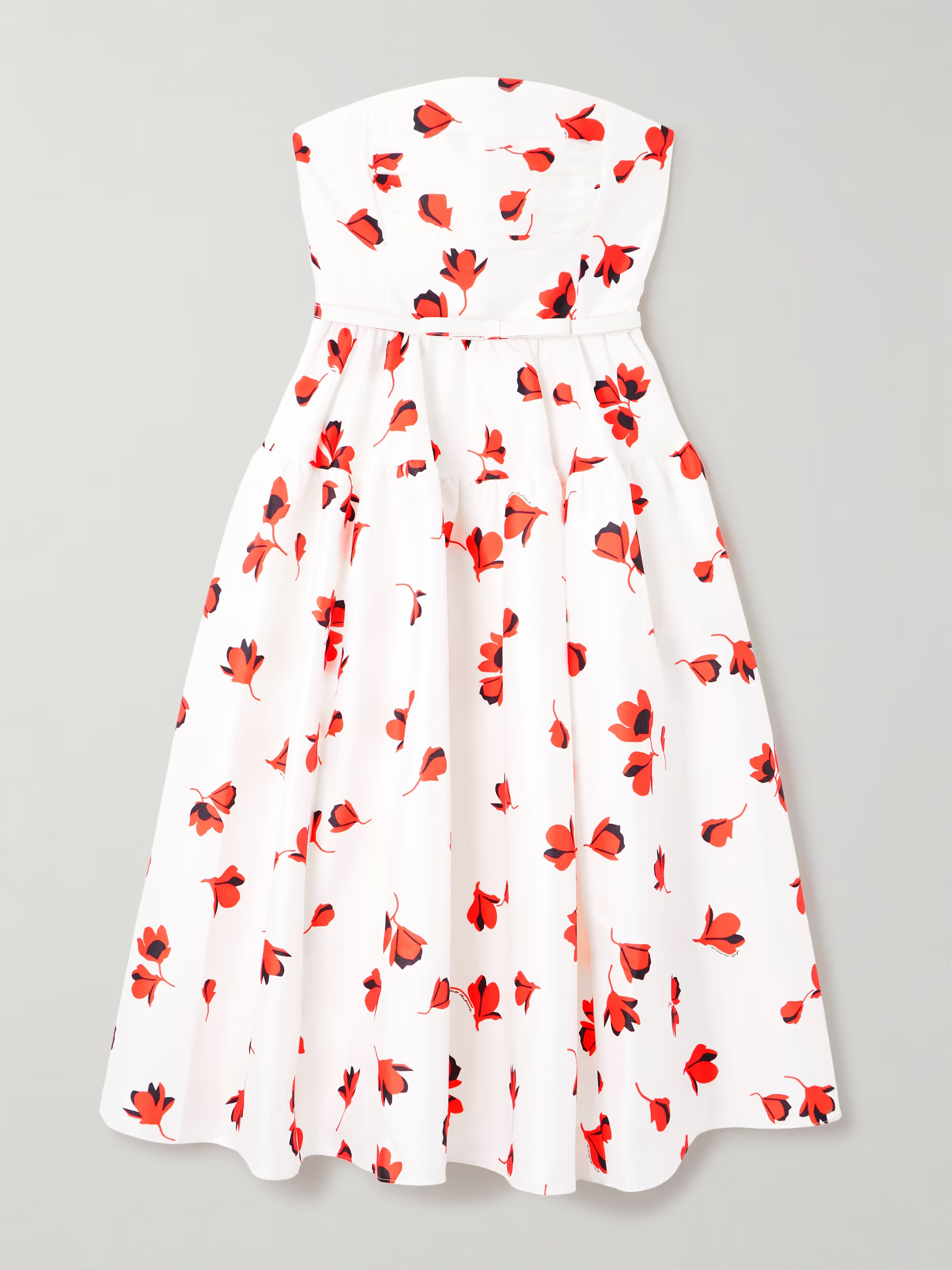 Strapless belted ruched floral-print taffeta midi dress | NET-A-PORTER (US)