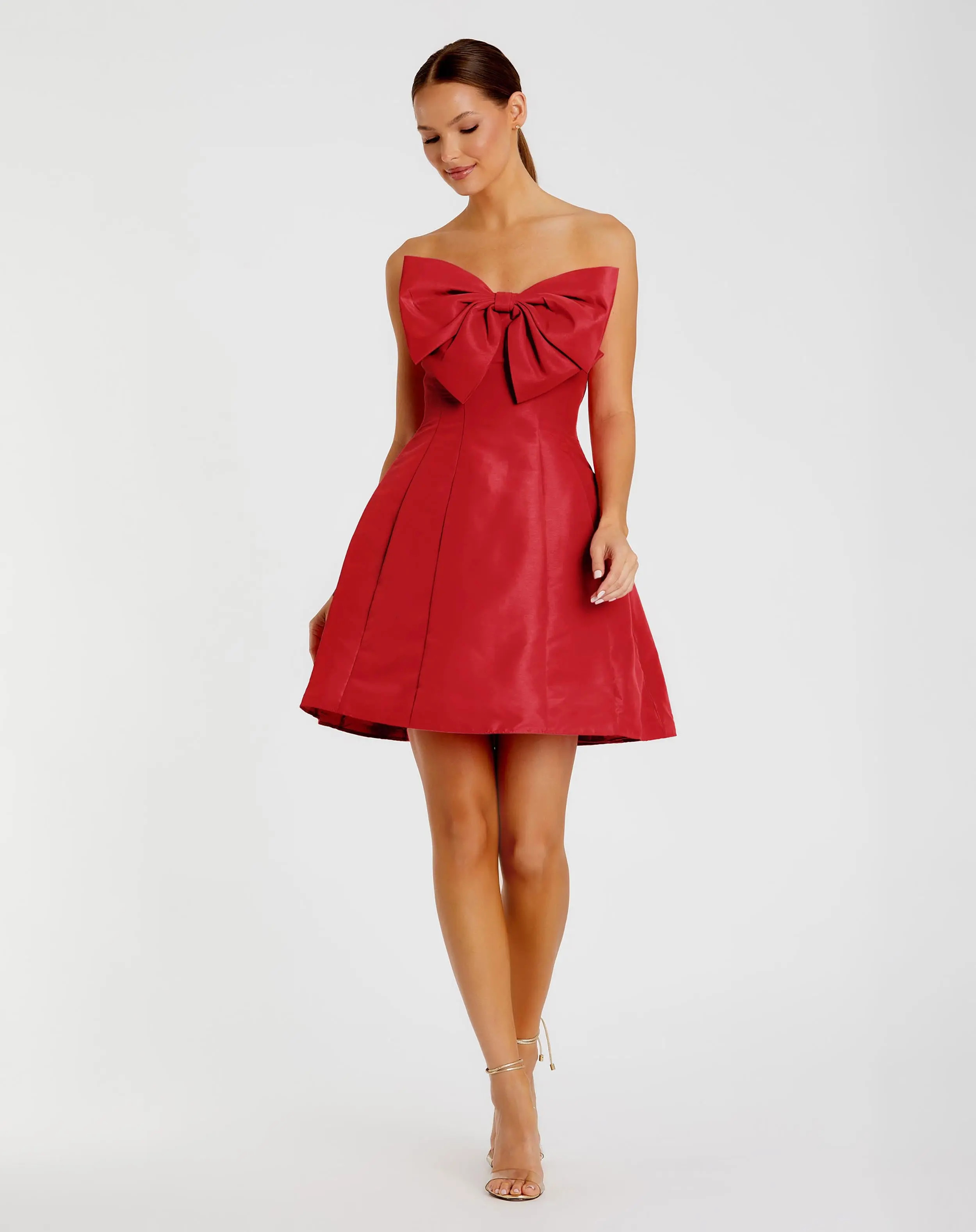 Red Strapless Oversized Bow Fit & Flare Mini Dress | Mac Duggal | Mac Duggal