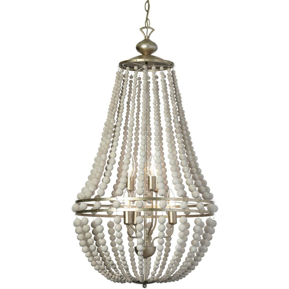 Laura 6-Light White Washed Chandelier with Wood Shades | The Home Depot