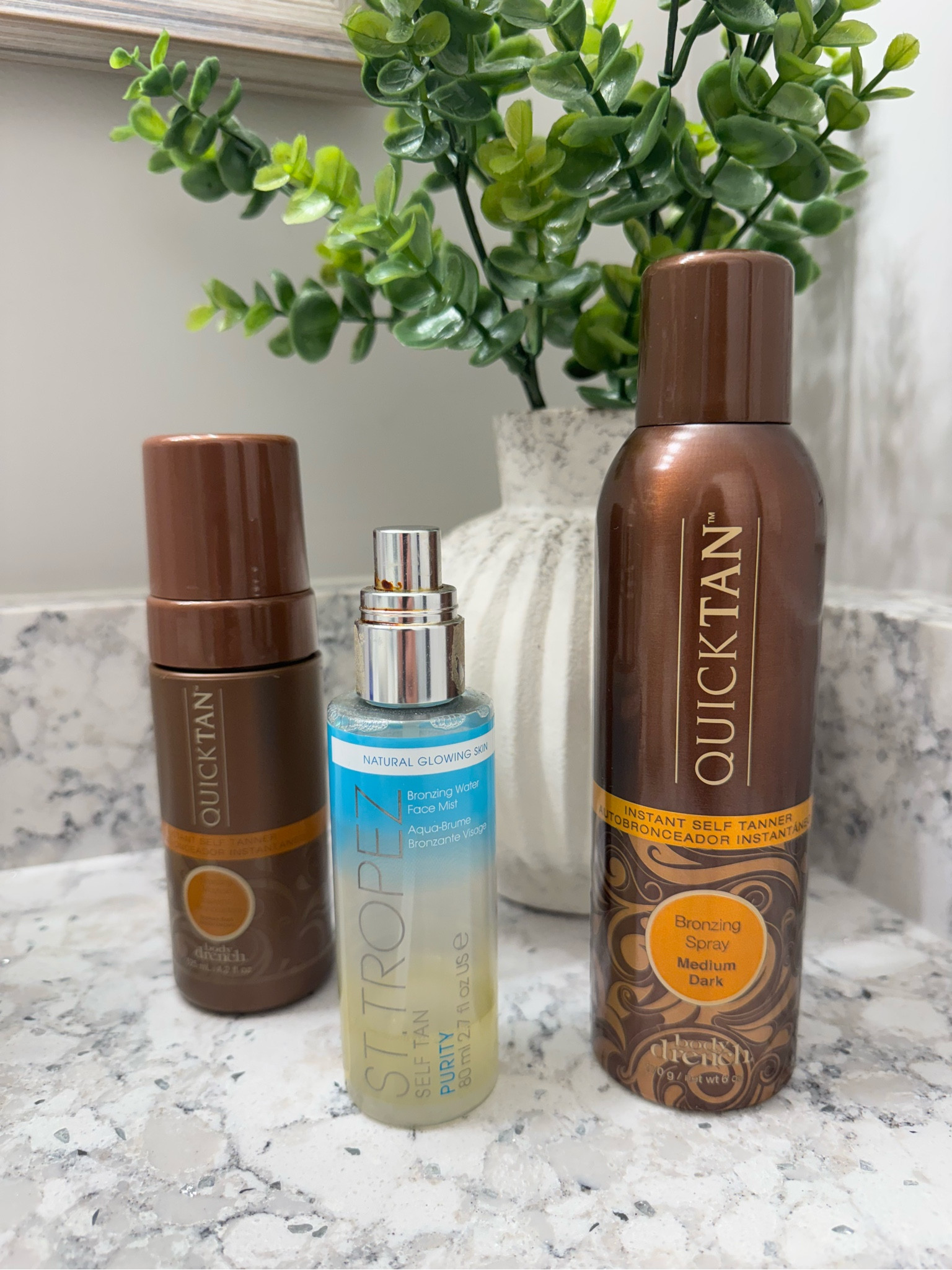 Sun kissed all year round! 

St Tropez mist on my face and ears 
Quick tan stray on my shoulders and chest 
Quick tan mousse on my arms, back, legs, feet and hands. 

*quick tan spray can be used all over but does spray wide- May get on surfaces and stain*

#LTKBeauty #LTKStyleTip #LTKFindsUnder50