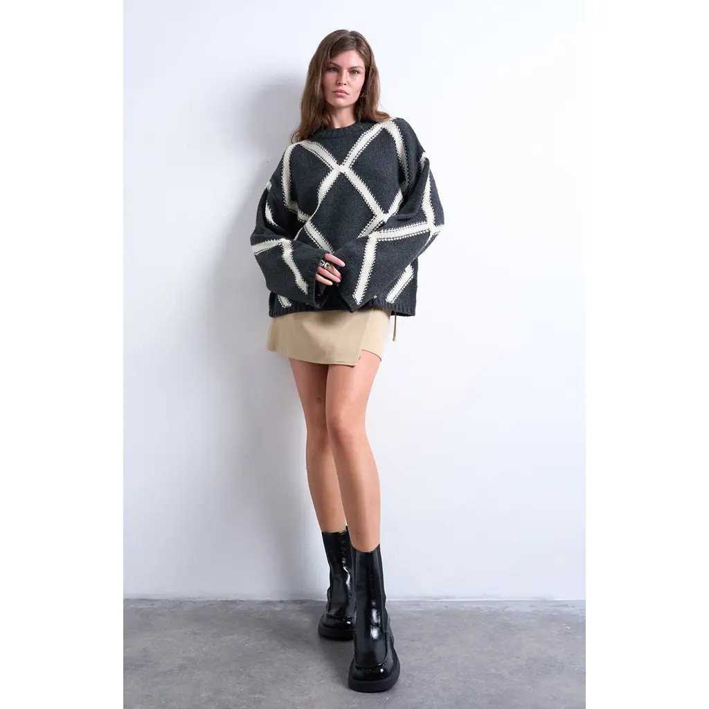 Topshop Oversize Argyle Crewneck Sweater in Charcoal at Nordstrom, Size Medium P | Nordstrom