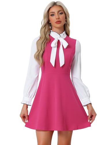 Allegra K Tie Neck Dresses for Women's 1960s Vintage Long Sleeve Contrast Color Dress Medium Hot Pink | Amazon (US)