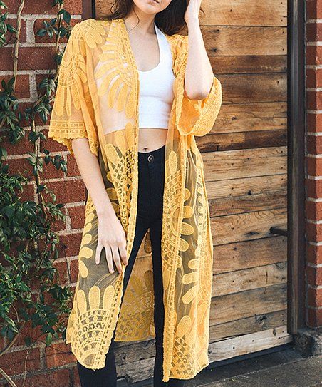 Mustard Sheer Lace-Accent Kimono - Women | Zulily