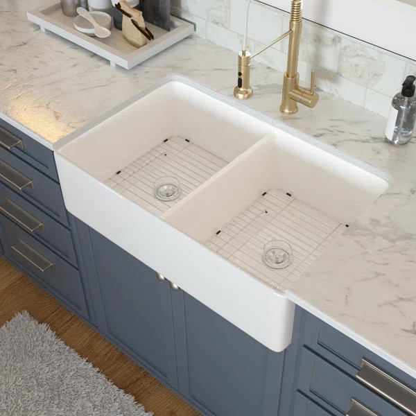 HH-LMAW32209R2 Ceramic Porcelain 32'' L x 20'' W Double Basin Apron Kitchen Sink with Basket Stra... | Wayfair North America