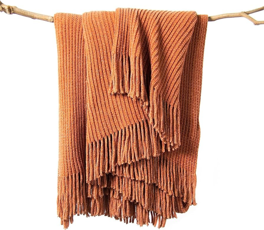 LIFEIN Fall Throw Blanket for Couch-Soft Boho Throw Blanket,Cozy Rust Knit Farmhouse Chenille Thr... | Amazon (US)