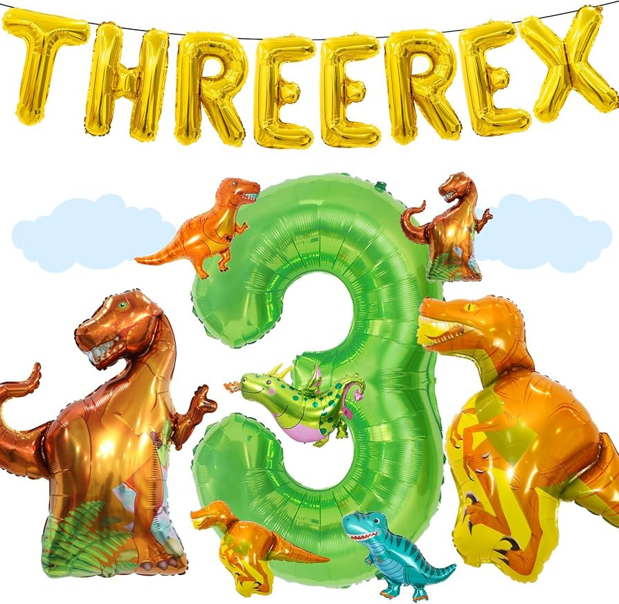 16Pcs Three Rex Balloons, Three Rex Birthday Party Decorations Boy Dinosaur 3rd Birthday Party Su... | Amazon (US)