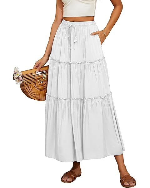 HAEOF Women's Flowy Boho Maxi Skirt Elastic High Waist A Line Pleated Tiered Summer Casual Beach ... | Amazon (US)