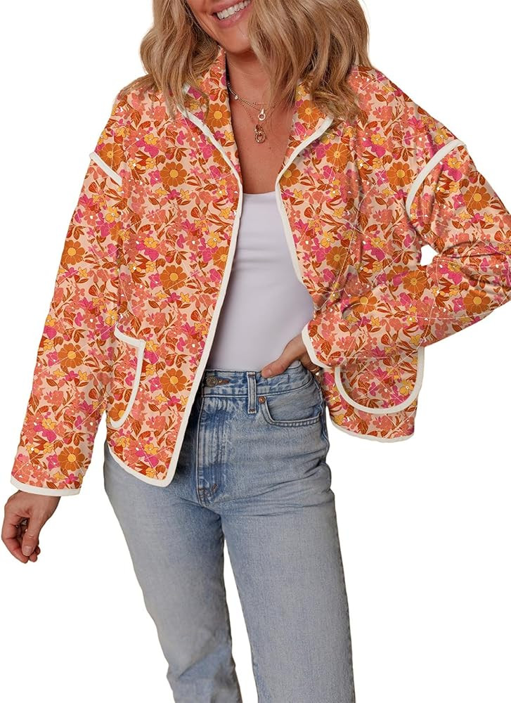 Dokotoo Warm Quilted Jackets for Women Long Sleeve Floral Print Button Down Puffer Jacket Coats w... | Amazon (US)