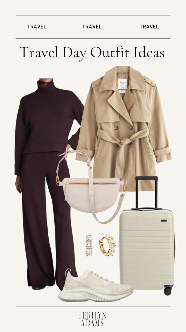 Travel day outfit ideas
Trench coat
Wide leg lounge set 
Mini diamond hoop earrings 
Carry-on suitcase
White sneakers

#LTKTravel #LTKootd