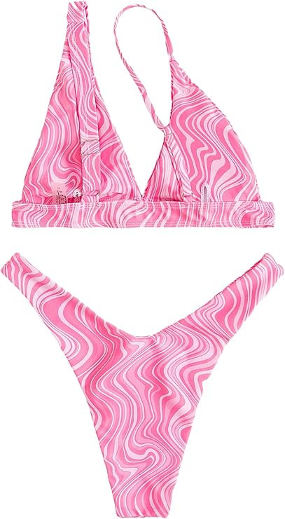 SheIn Women's 2 Piece Cut Out One Shoulder Swimsuit Allover Print Bikini Set Sexy Bathing Suit | Amazon (US)