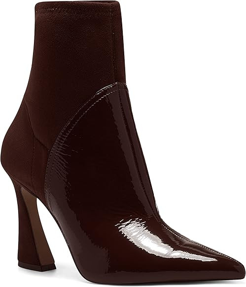 Coutgo Women's Pointed Toe High Heel Ankle Boots Patent Faux Leather Suede Splicing Slip On Fashion  | Amazon (US)