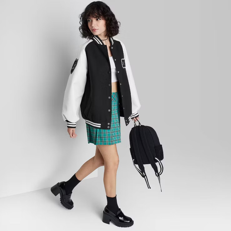 Women's Faux Leather Varsity Jacket - Wild Fable™ Black Colorblock XS | Target