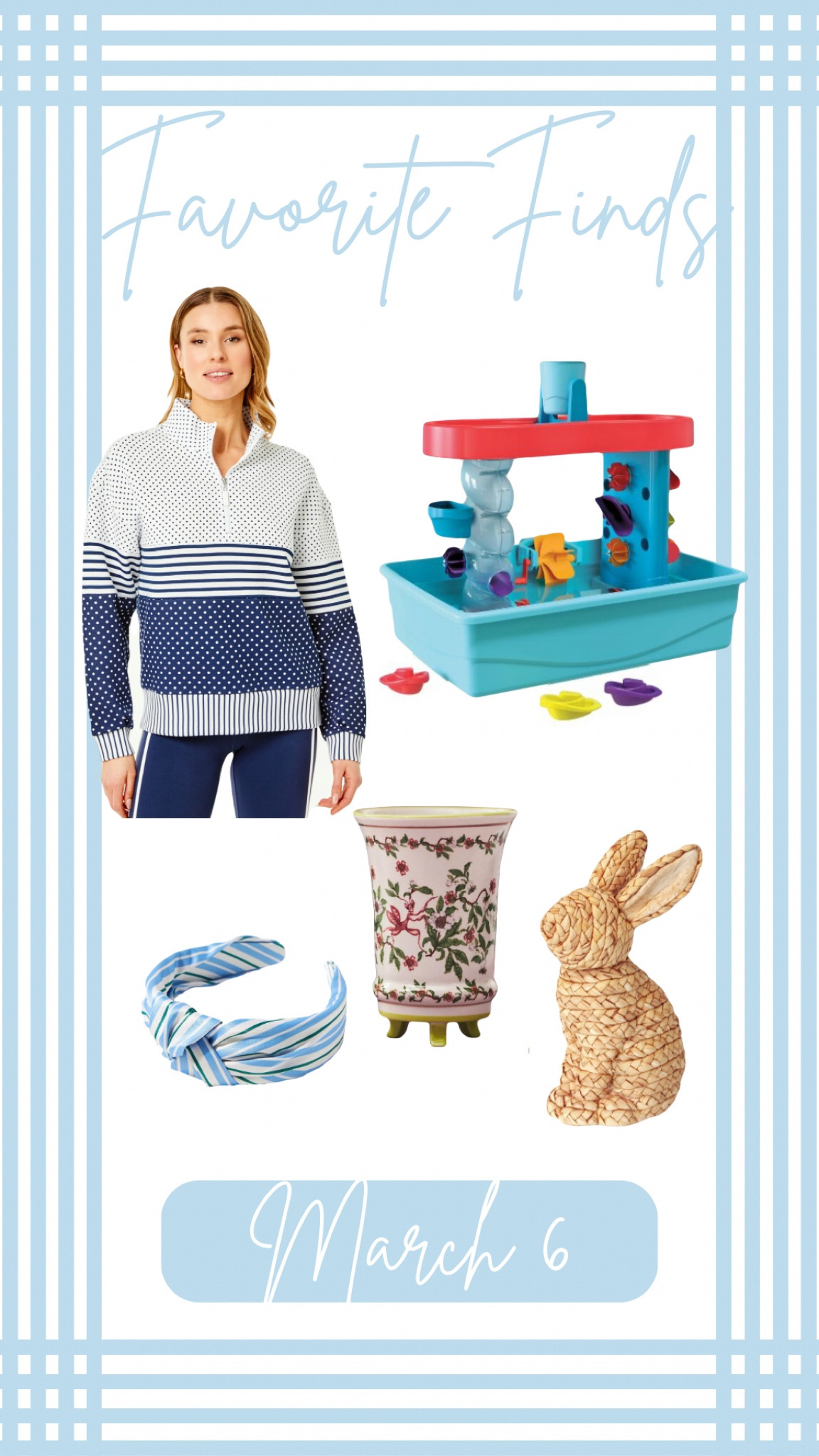 Favorite finds for March 6. 


Navy athletic pullover, tabletop water table, rattan bunny, spring or summer headband, and a cute footed vase

#LTKhome #LTKfindsunder50 #LTKkids