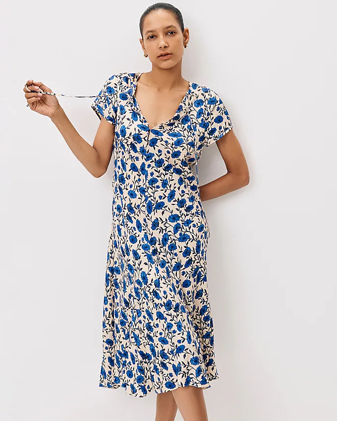 Short-sleeve slip dress in indigo daisy print | J. Crew US