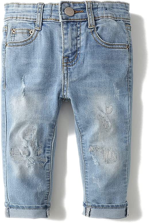 KIDSCOOL SPACE Baby Girl Boy Slim Jeans,D Ring Elastic Band Inside Ripped Denim Pants | Amazon (US)