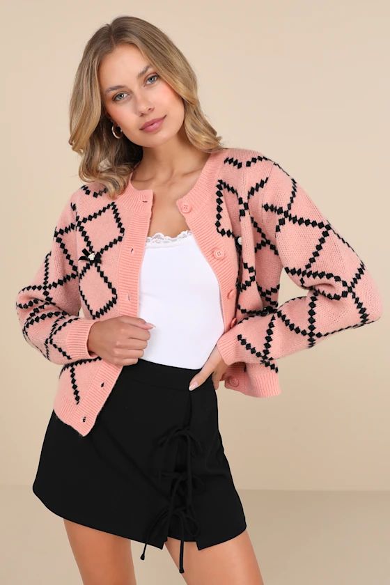 Blissfully Perfect Pink and Black Argyle Bow Rosette Cardigan | Lulus