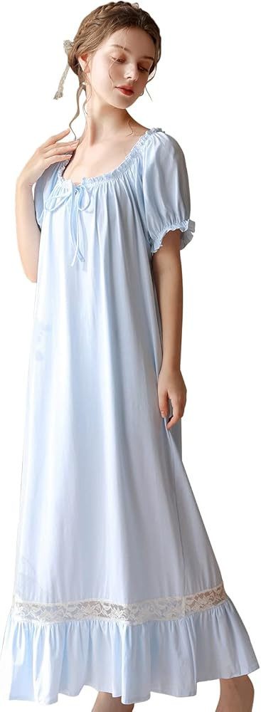 Women's Victorian Cotton Nightgown Lace Trim Vintage Sleepwear Long Sleeve Sleepshirts | Amazon (US)