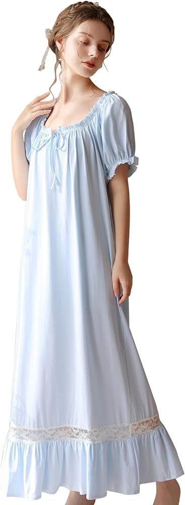 Women's Victorian Cotton Nightgown Lace Trim Vintage Sleepwear Long Sleeve Sleepshirts | Amazon (US)