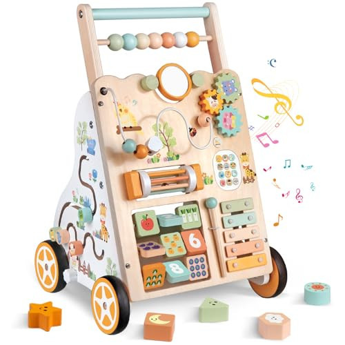 Wooden Baby Walker with Wheels, Push Walker with Baby Activity Center, Montessori Walking Toy for Girls Boys, Ajustable Speed & Height Activity Toy for Toddler Learning to Walk | Amazon (US)