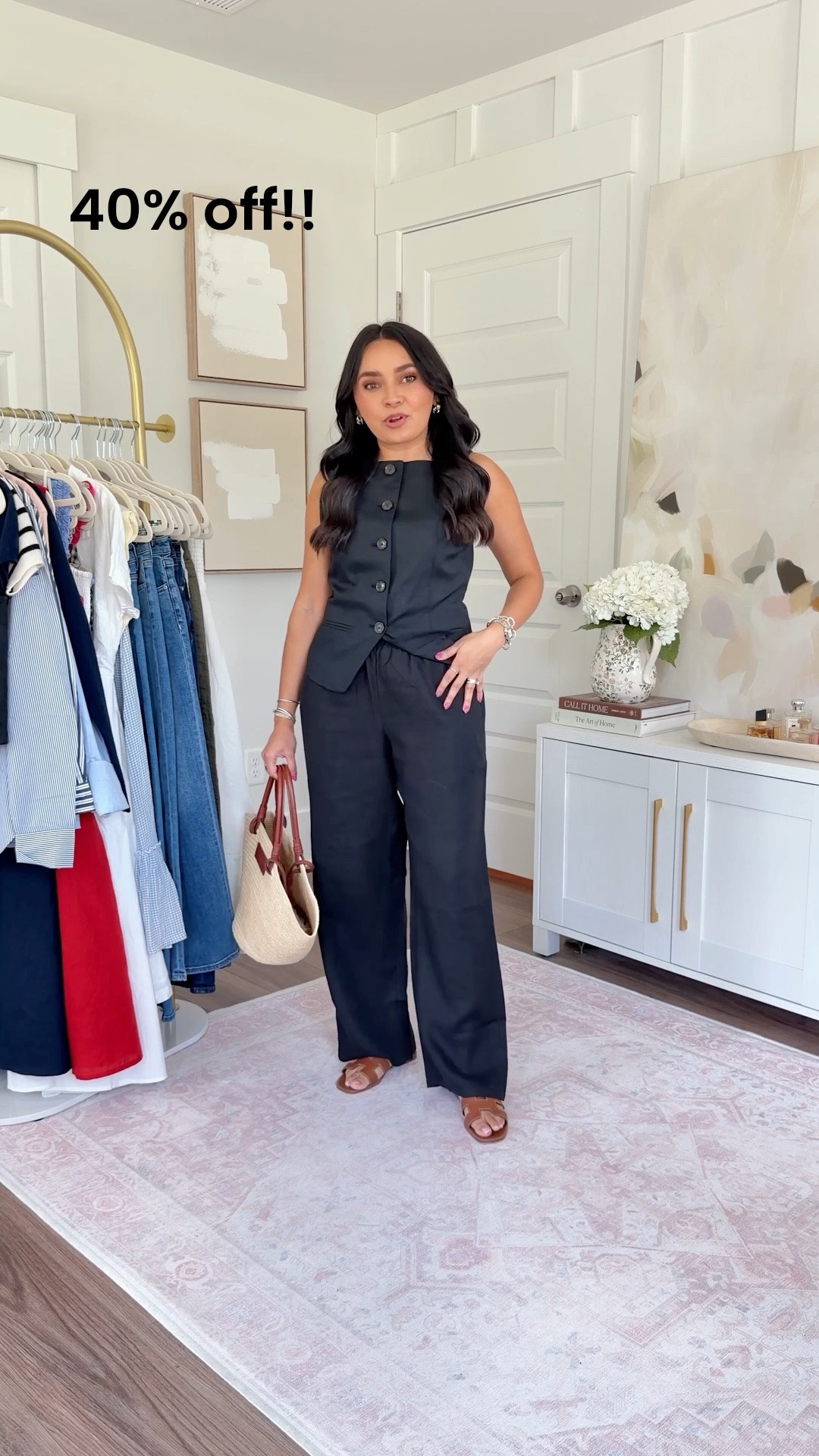 Black button down vest tank size 0 TTS
Black linen pants size xs regular TTS
Brown sandals are hermes, similar linked

#LTKPetite #LTKootd #LTKSaleAlert