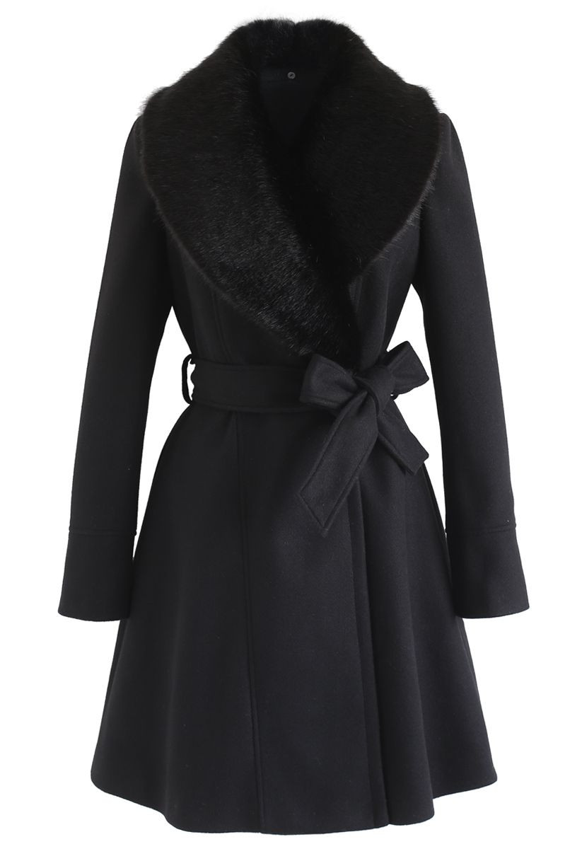 Faux Fur Collar Belted Flare Coat in Black | Chicwish