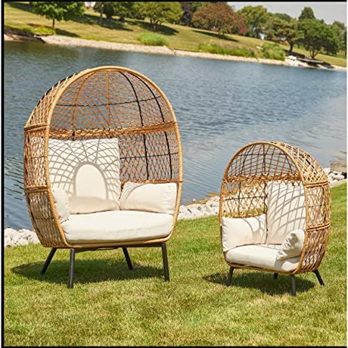 Outdoor Hanging Wicker Stationary Egg Chair with Cream Cushions | Amazon (US)