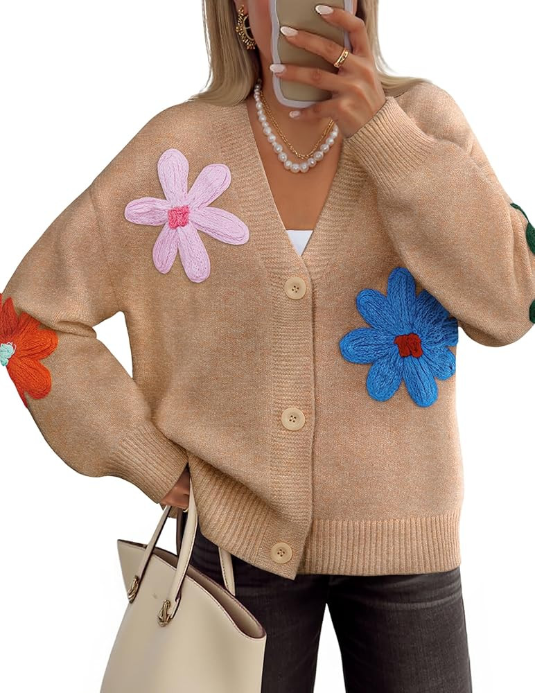 ZESICA Womens Fall Floral Cardigan Sweaters 2025 Casual Long Sleeve Open Front Button Down V Neck... | Amazon (US)