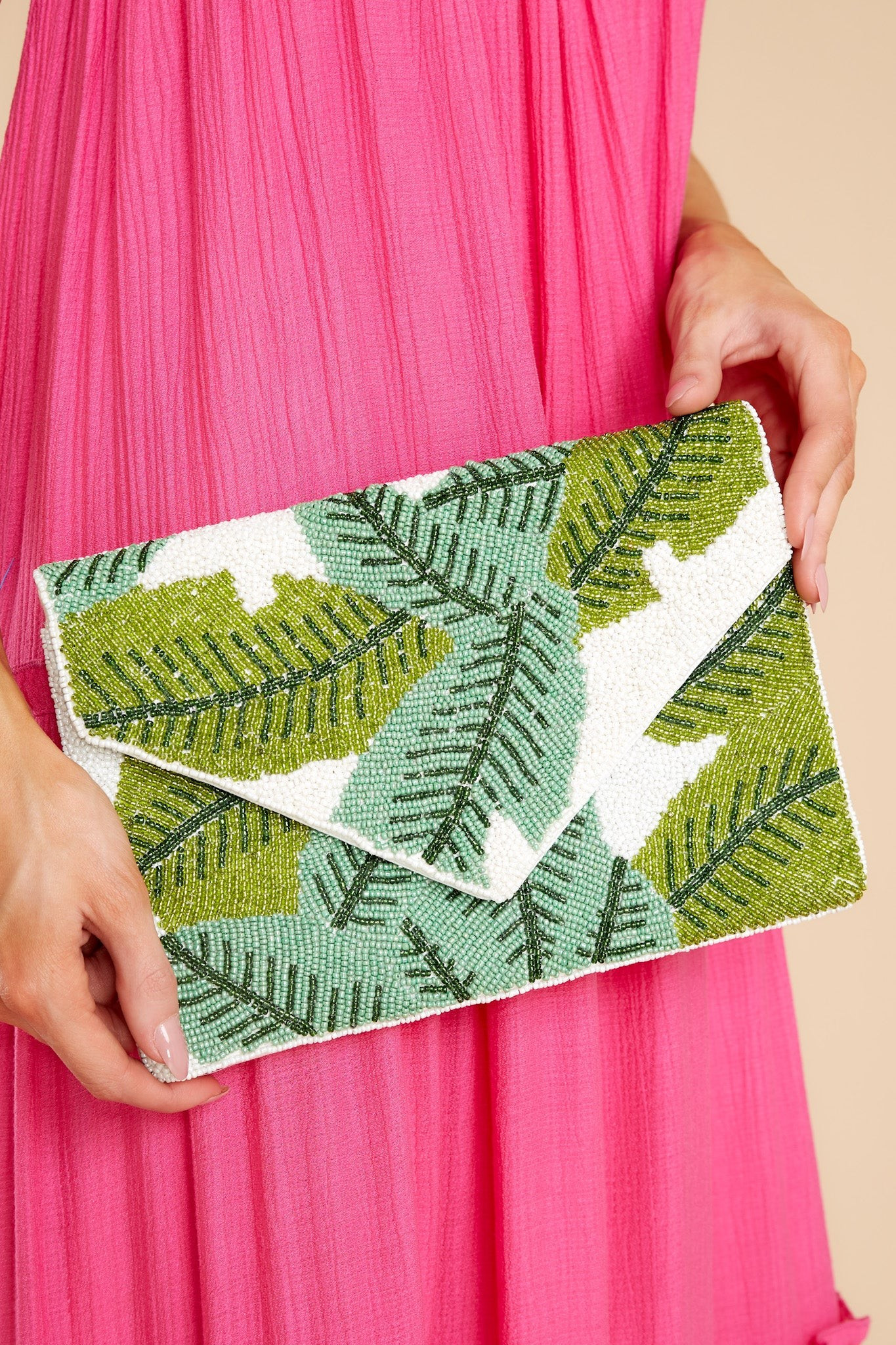Under The Palm Tree White And Green Beaded Clutch Bag | Red Dress 