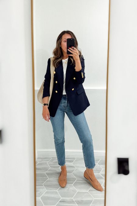 One of the best blazer in my wardrobe. Amazing quality. Wearing size 2 
Jeans tts for me 
Flats tts for me 
White tee in xs - tts  (it’s thin but a fave for summer).  Linked Madewell is a bit thicker - also tts  

#LTKSeasonal #LTKshoecrush #LTKstyletip