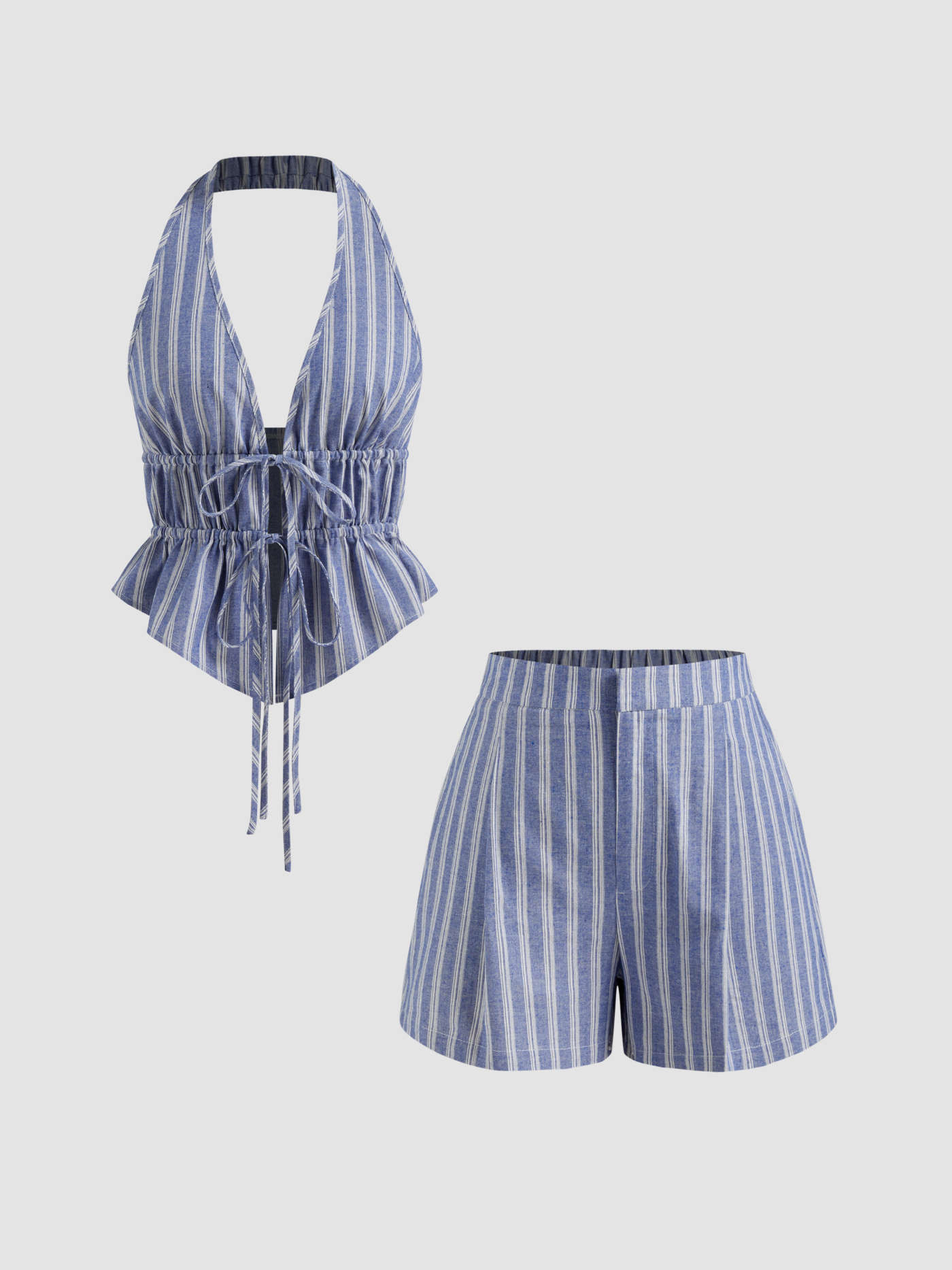 Woven Cotton-blend Halter Neckline Stripe Tie Front Shirred Top &  Mid Rise Shorts Set For Vacati... | Cider