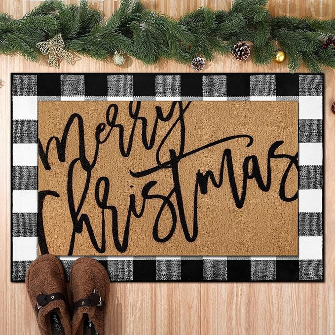 2 Pcs Merry Christmas Door Mat Xmas Welcome Non Slip Coir Mats Black White Buffalo Plaid Floor La... | Amazon (US)