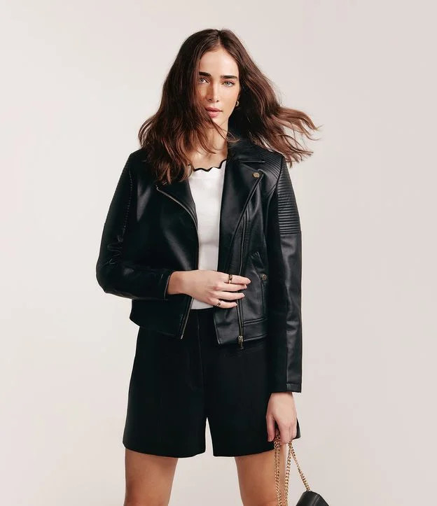 Jaqueta Biker em Material Sintético com Ribana no Ombro Preto | Renner (BR)