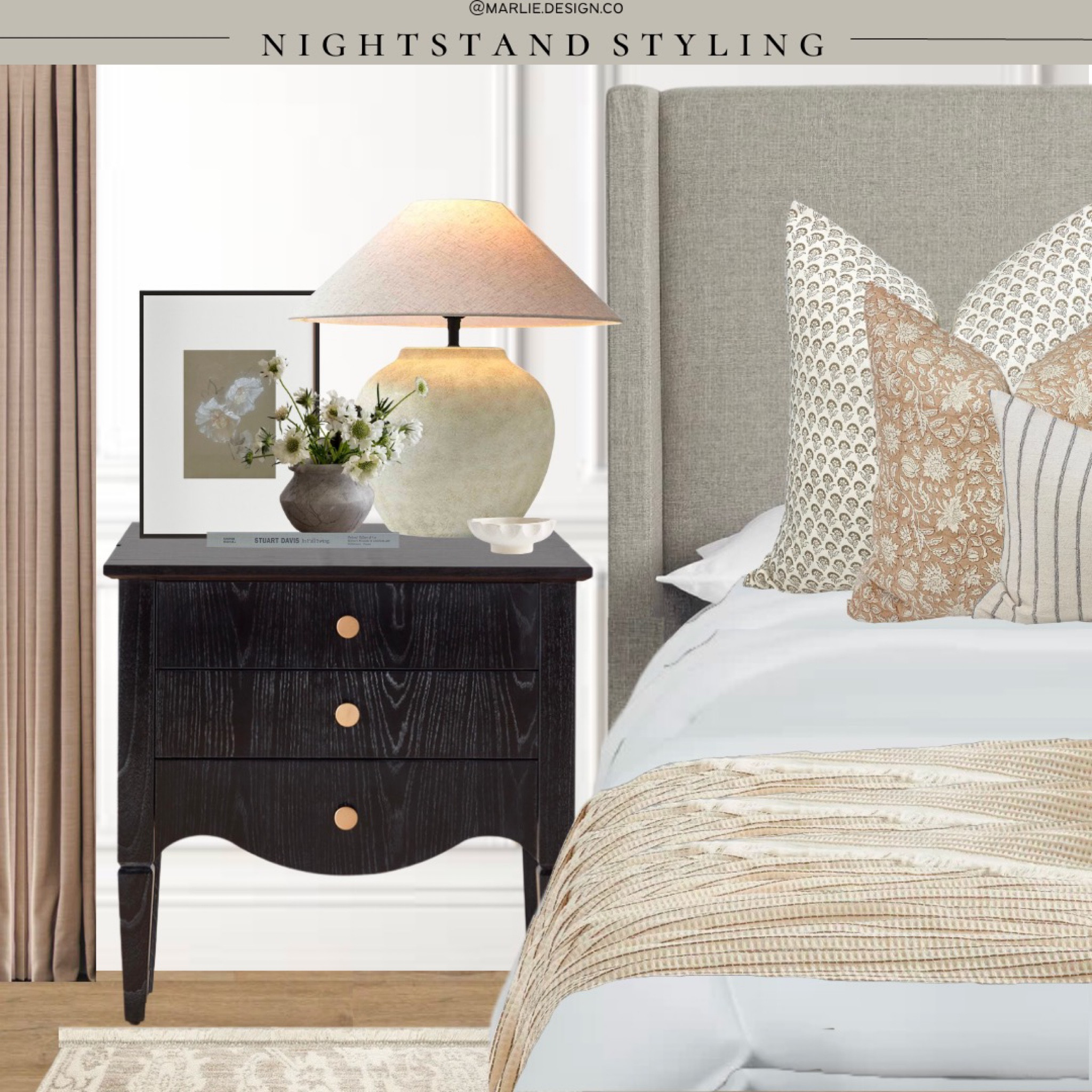 Nightstand Styling | nightstand decor | nightstand accessories | bedroom decor | upholstered headboard | black nightstand | pillow covers | neutral bedroom decor | bedroom rug | amber Lewis x loloi rug | vase | nightstand vase | nightstand decor | bedroom lamp | botanical print | trinket dish | twopages Liz linen curtains | faux cosmo flowers | pottery barn upholstered bed | pillow cover combo | end of bed blanket | throw blanket | Target | pottery barn | Wayfair | z gallerie | crate and barrel | bedroom art | warm neutral bedroom

#LTKhome #LTKunder100 #LTKstyletip