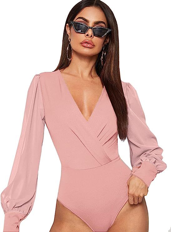 WDIRARA Women's Deep V Neck Long Sleeve Solid Wrap Surplice Bodysuit | Amazon (US)