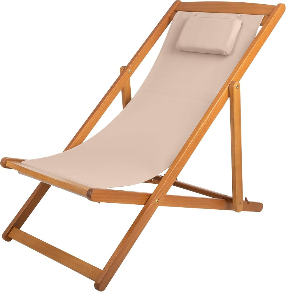 Lavish Home Beach Lounge Chair - Adjustable Height Reclining Sling Chair - Portable Wood Folding ... | Amazon (US)