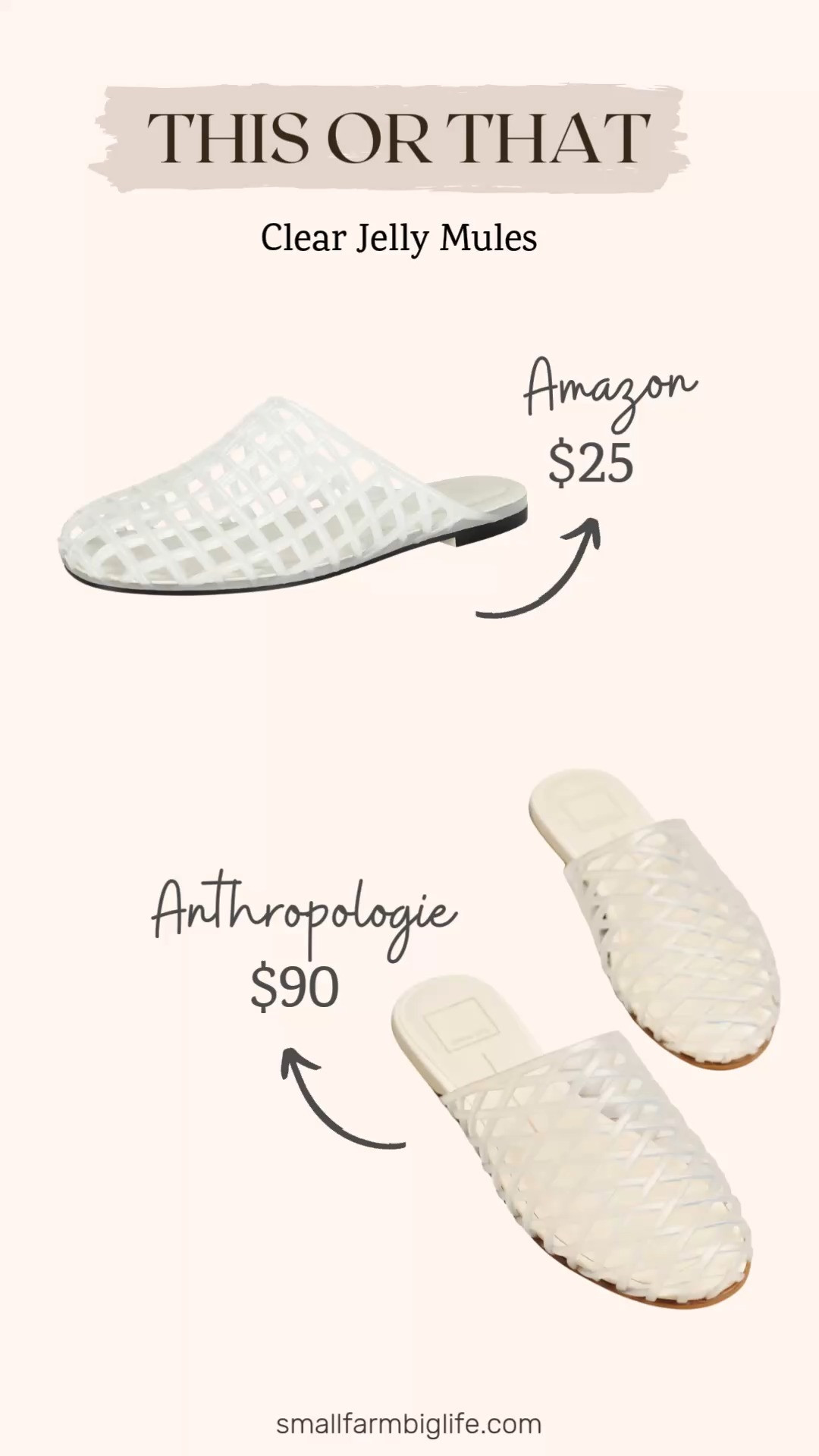 This or that! Clear jelly mule edition. Two versions of this fun and trendy summer shoe at very different price points! The Amazon version is just $25 while the Dolce Vita version from Anthropologie is $90. Both give you that clear jelly look that is everywhere right now. Which one would you choose? Linking both here! 

 #LTKootd #LTKSeasonal #LTKOver40