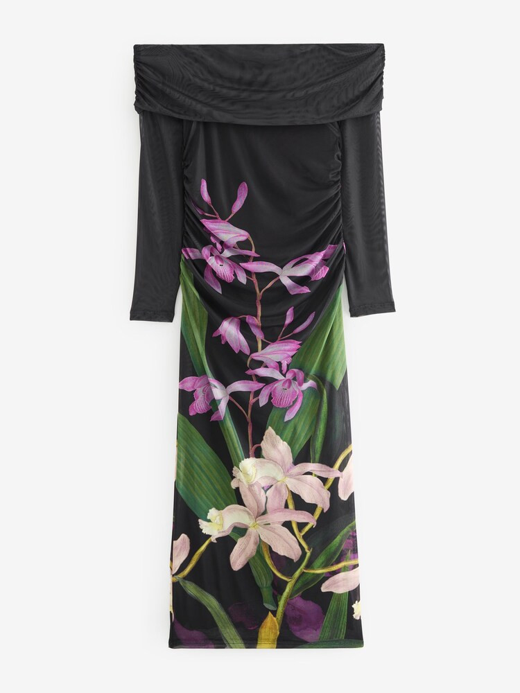 Black/Purple Floral Kew Collection Mesh Bardot Maxi Dress | Next EU