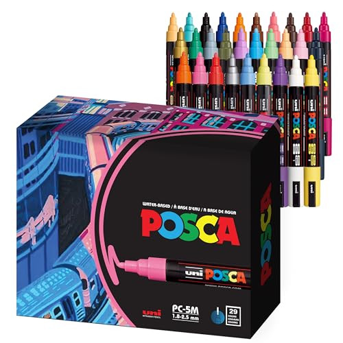 Uni Posca Paint Markers, 5M Medium Acrylic Markers with Reversible Tips, Artist Recommended For Gifts, Decorations, Fabric, Metal, Glass, Wood and Canvas, Assorted Colors, Set of 29 | Amazon (US)