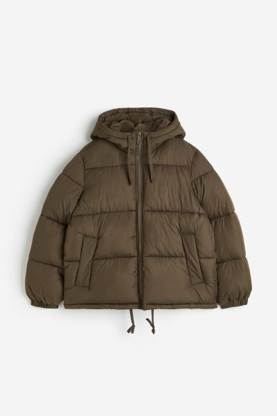 Hooded puffer jacket - Dark khaki green - Ladies | H&M GB | H&M (UK, MY, IN, SG, PH, TW, HK)