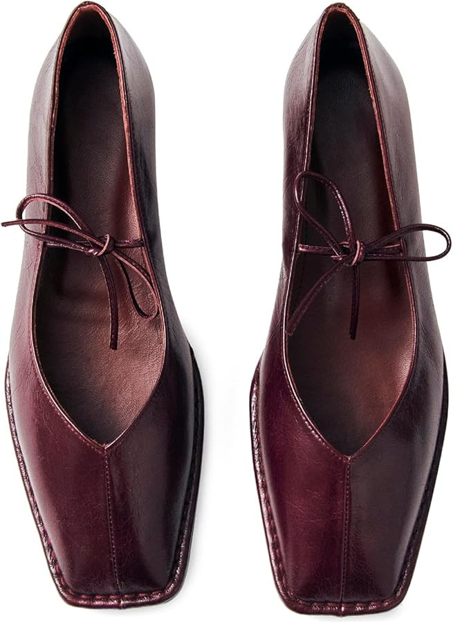 Ballet Flats for Women Lace Up Bow Square Toe Mary Janes Cute Ballerina Shoes Slip On Comfortable... | Amazon (US)