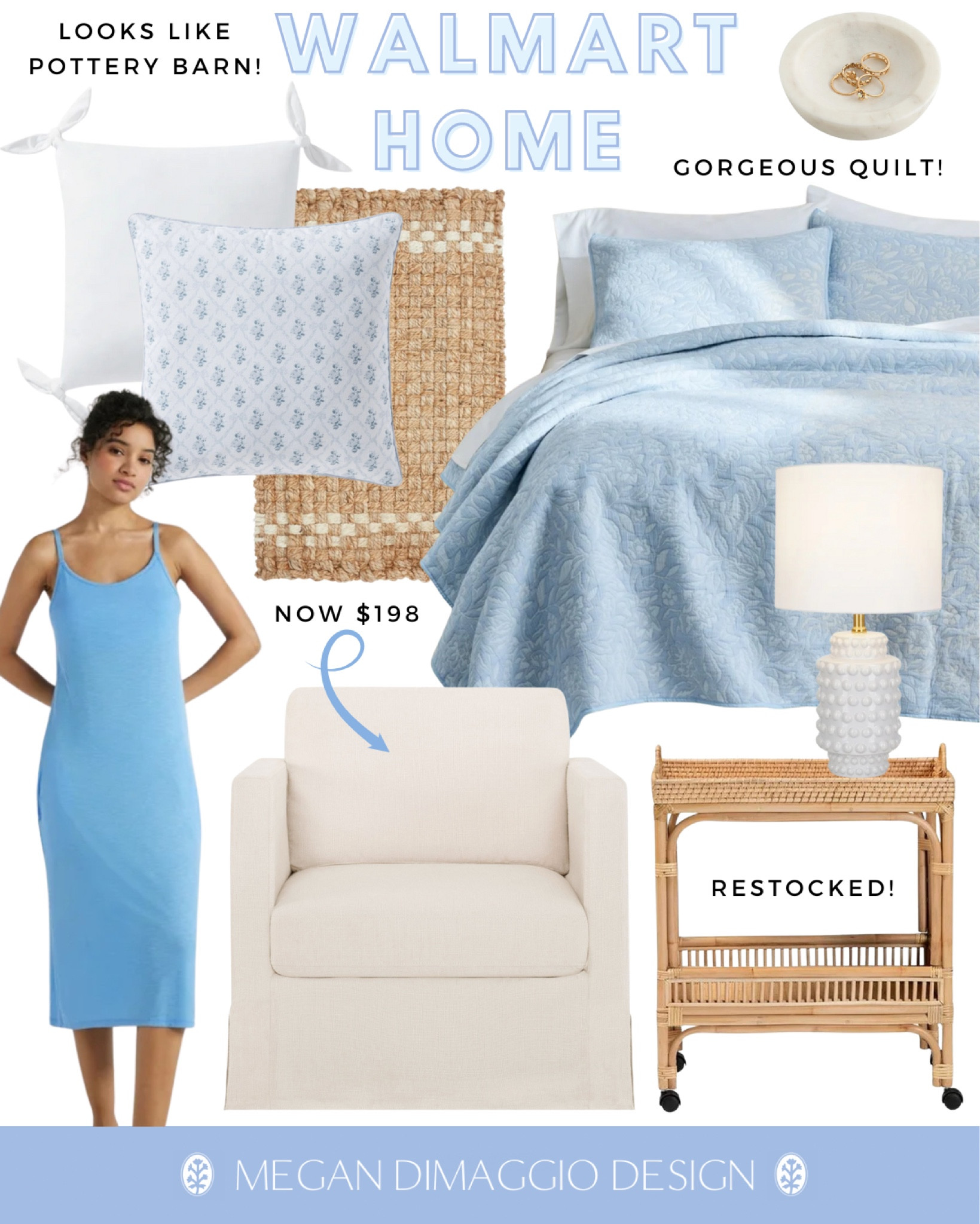 Blue & white bedroom finds from Walmart!! These new pillows remind me of the Loveshackfancy x Pottery Barn collab!! 😍 and this gorgeous blue quilt gives me Serena & Lily vibes!! 🙌🏻

So does this best selling, highly rated slipcovered accent chair that’s on sale for only $198, this rattan dupe cart is back in stock, and this table lamp is now under $50!! 👏🏻👏🏻👏🏻

#LTKSaleAlert #LTKHome #LTKFindsUnder50