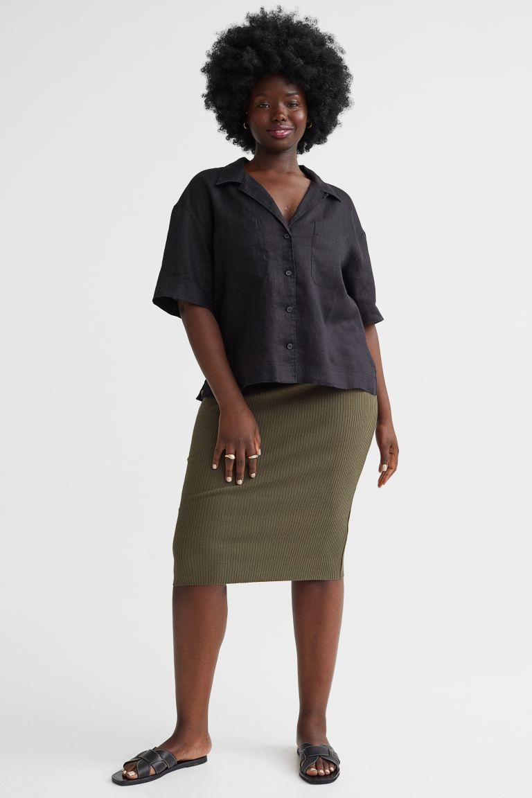 New ArrivalFitted, calf-length skirt in soft, ribbed, cotton-blend jersey. High waist, waistband ... | H&M (US + CA)