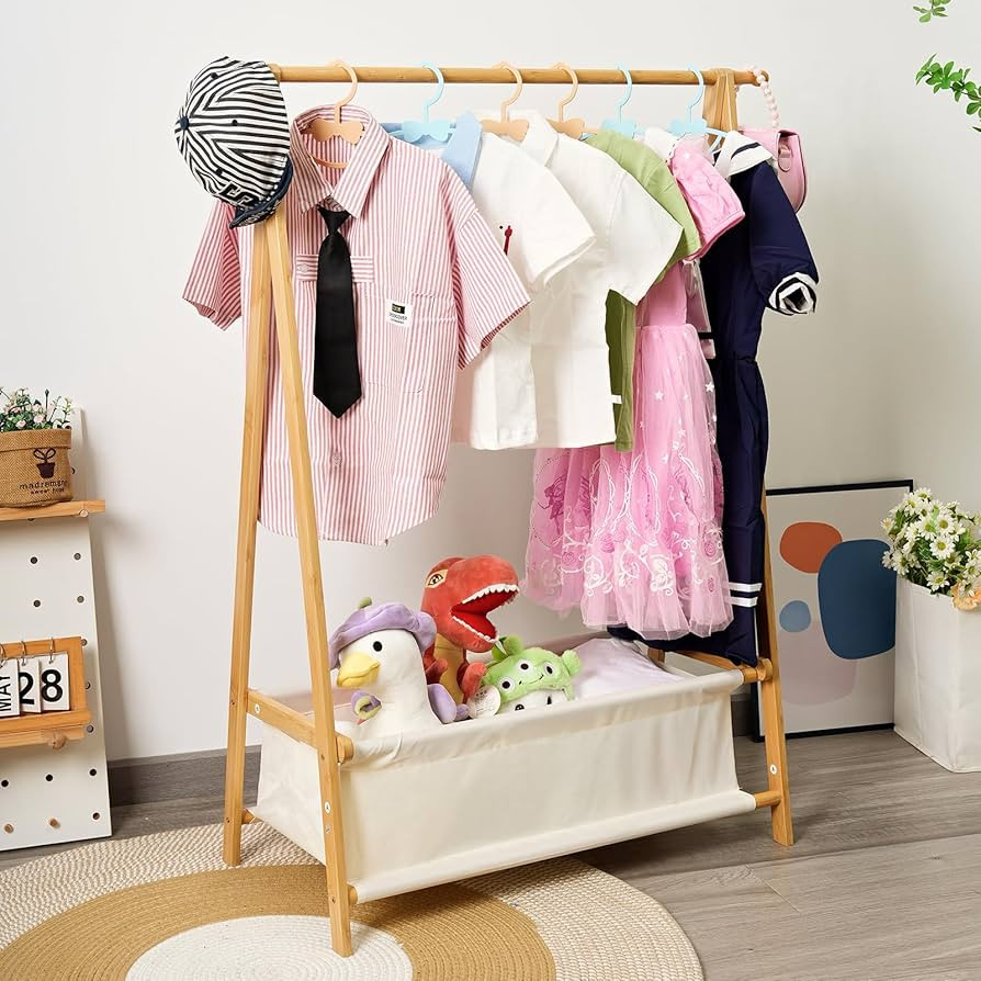 Bamboo Kids Clothing Rack with Storage Box - Foldable,Kids Dress Up Rack with Hooks & Rod, Organi... | Amazon (US)