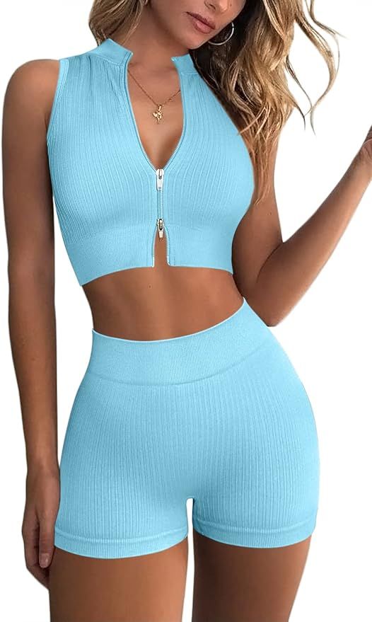 QINSEN Gym 2 Piece Yoga Sets for Women Zip Up Crop Tops Ribbed High Waist Booty Shorts Exercise W... | Amazon (US)